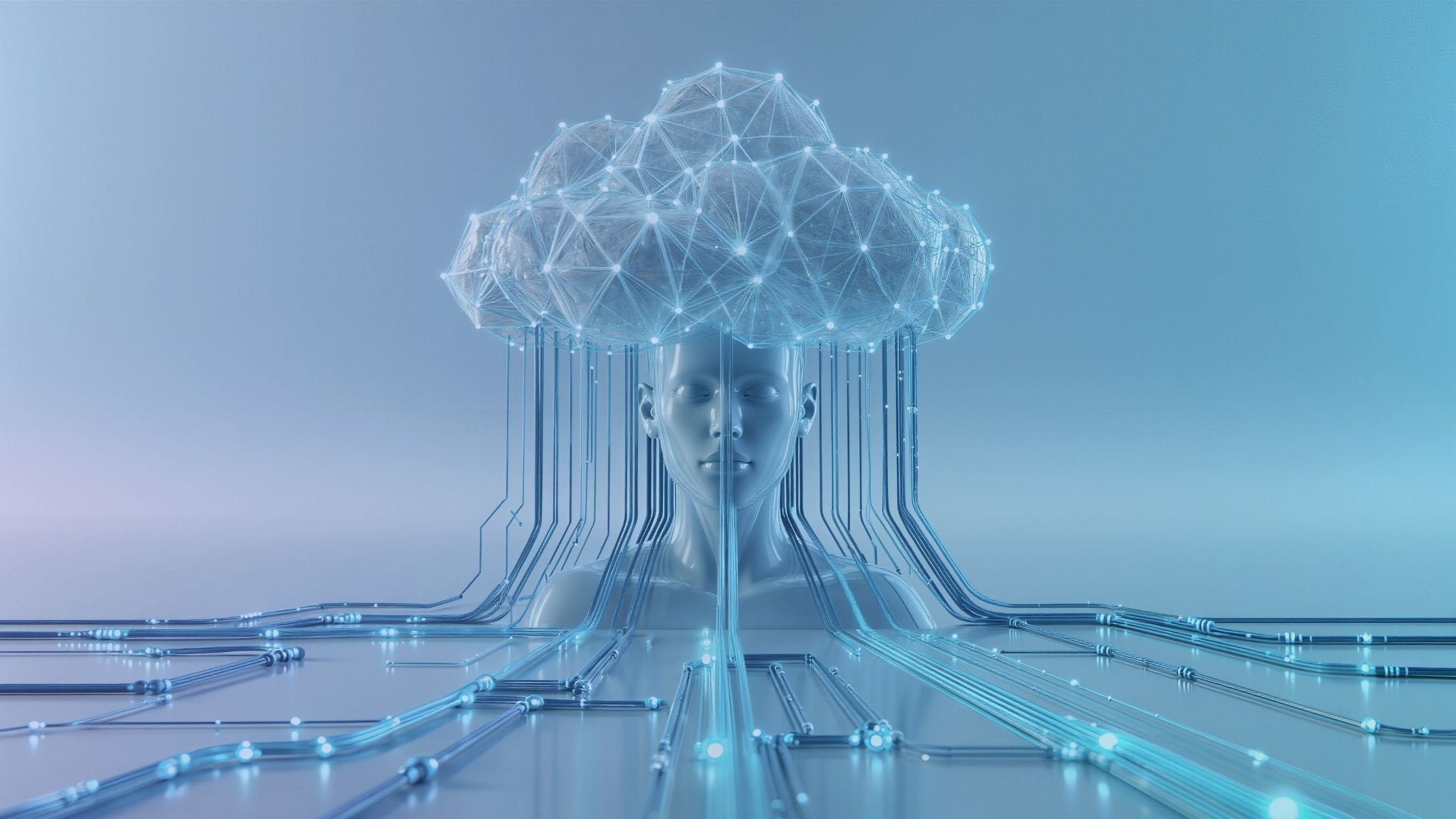 A woman's head topped with a cloud, representing the concept of AI and cloud strategy.