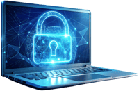 Conceptual illustration of cybersecurity protection on a laptop, symbolising data encryption and secure cloud continuity for Microsoft 365 environment.